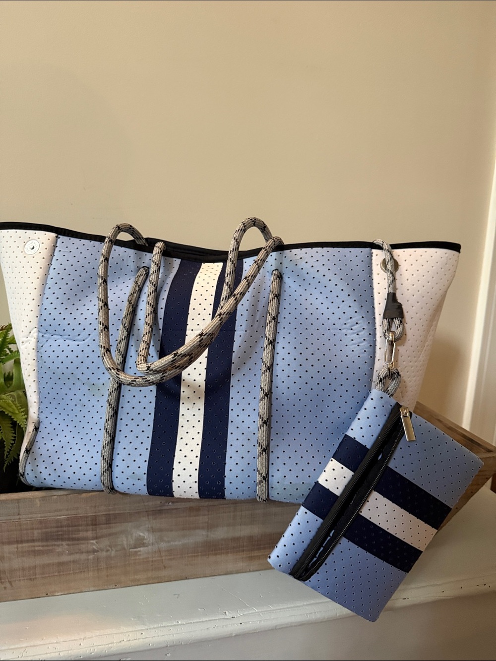 Blue & White Striped Neoprene Tote with Wristlet